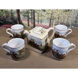 Vintage Cracker Barrel English Fox Hunt Scene Teapot & 4 Mugs Set